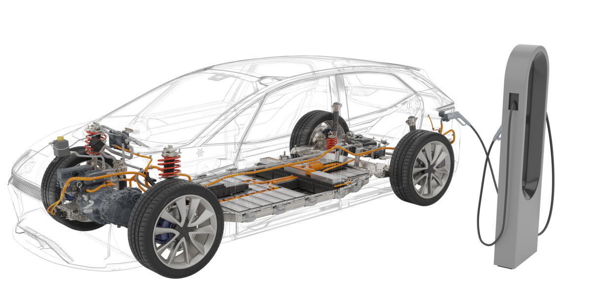 Transparent view of an EV with visible drive and battery parts at a charging station